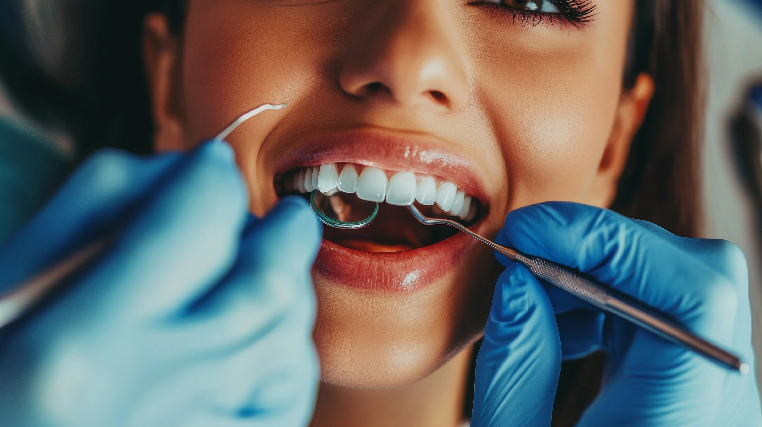 A patient receives a routine dental cleaning on the upper teeth